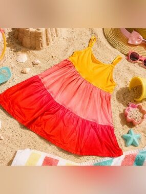 Girls M Sunset Ombre Dress | Yellow Pink Orange Twirl Sundress | Approx 5T- 6T